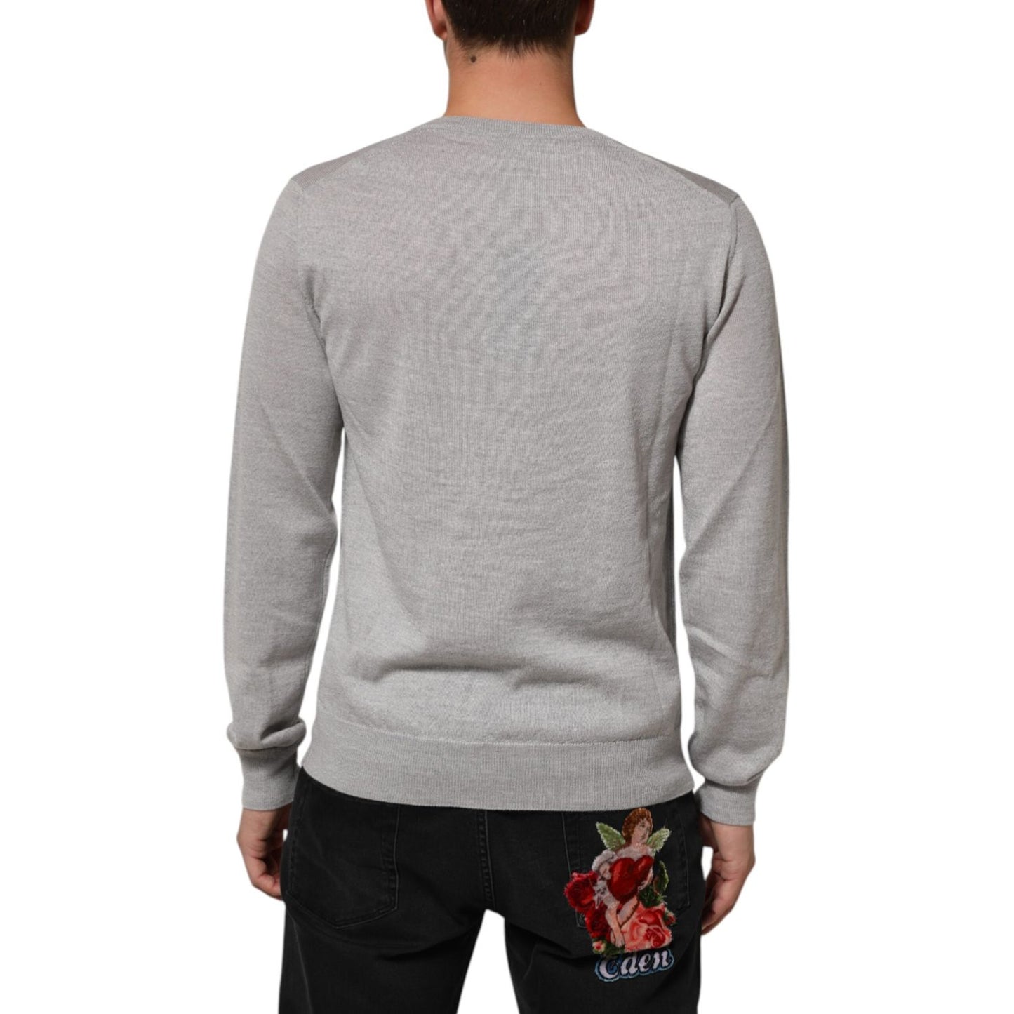 Dolce & Gabbana Gray Wool Knit Logo V-Neck Pullover Sweater