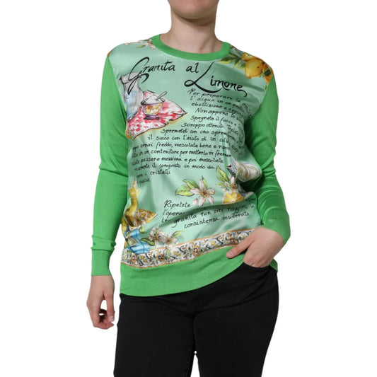 Dolce & Gabbana Green Lemon Print Pullover Silk Women Sweater featuring vibrant lemon and floral design.