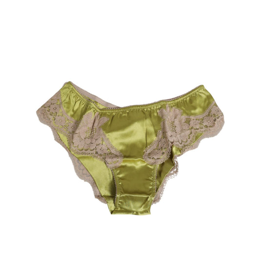 Dolce & Gabbana Green Silk Satin Lace Trim New Slip Underwear with beige lace floral overlays, elegant Italian design.