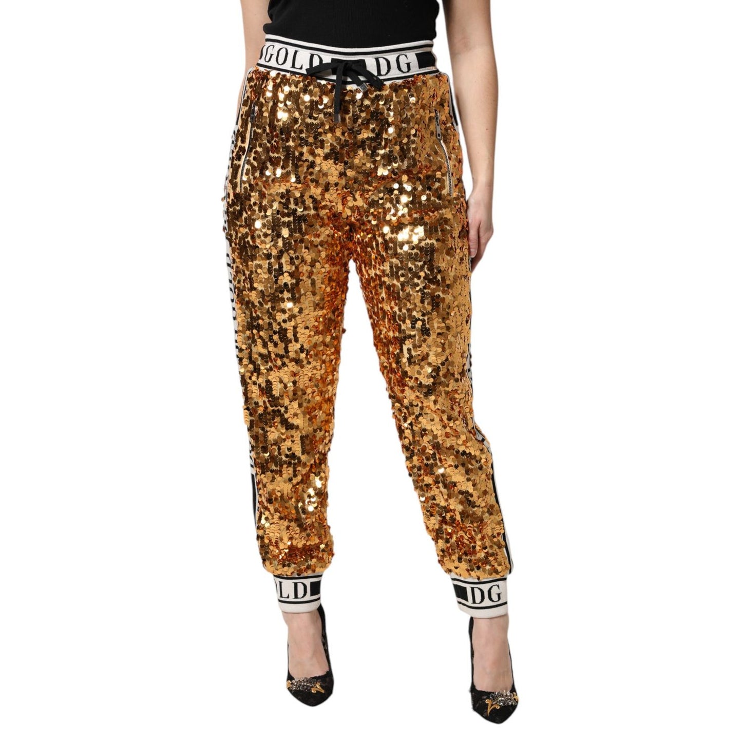 Dolce & Gabbana Metallic Gold DG Logo Sequined Jogger Pants