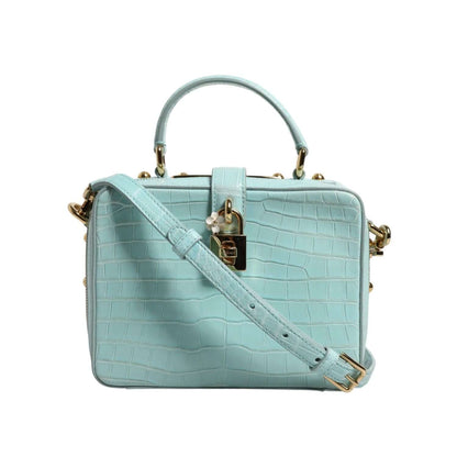 Dolce & Gabbana Mint Green Embossed Leather Padlock Shoulder Bag with adjustable strap and gold detailing.