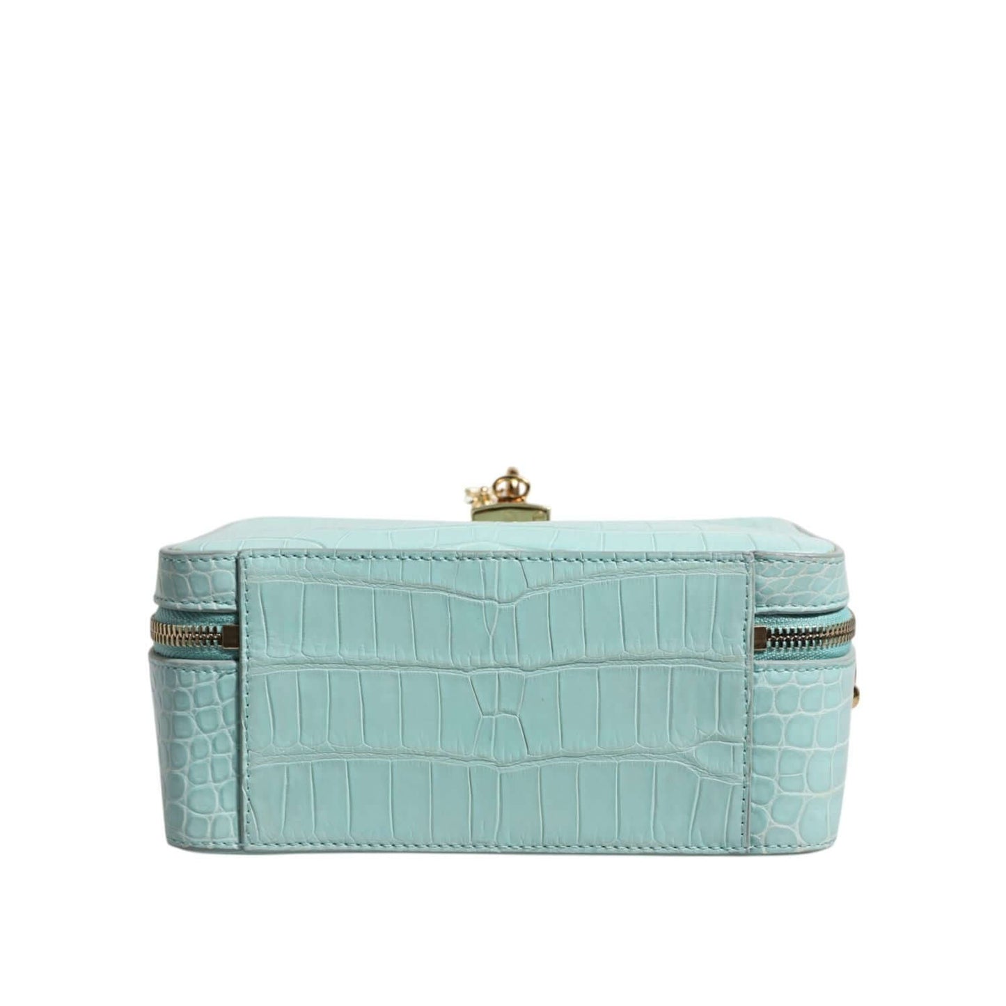 Dolce & Gabbana Mint Green Embossed Leather Padlock Shoulder Bag with gold detailing and adjustable strap, showcasing luxurious design.