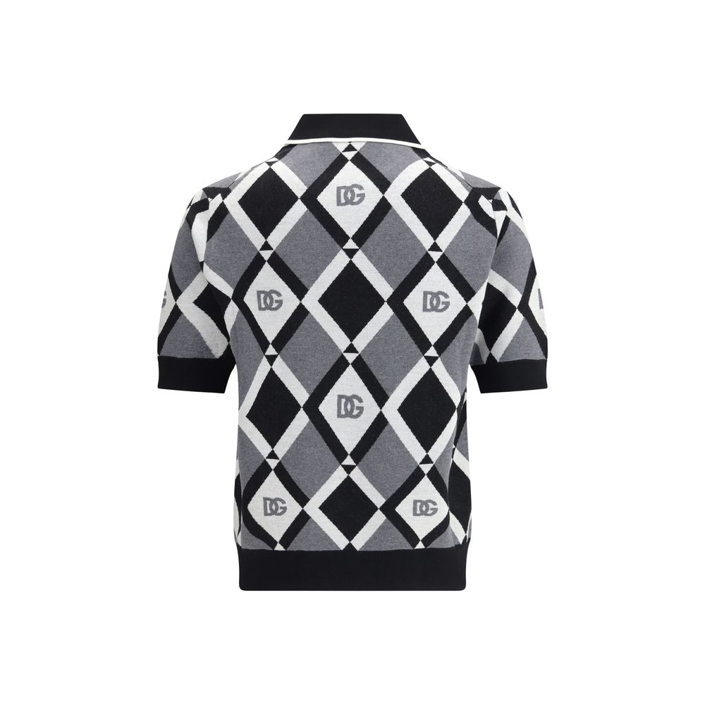 Dolce & Gabbana Multicolor Fleece Wool Polo Shirt with diamond pattern and logos, featuring classic collar and ribbed hem, back view.