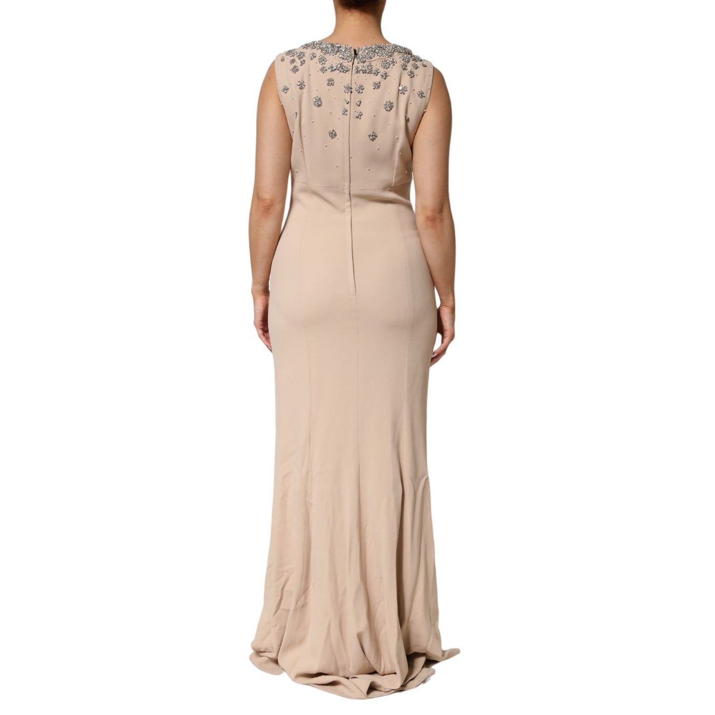 Back view of Dolce & Gabbana Nude Ecru Beaded Crystal Embellished Dress with elegant detailing.