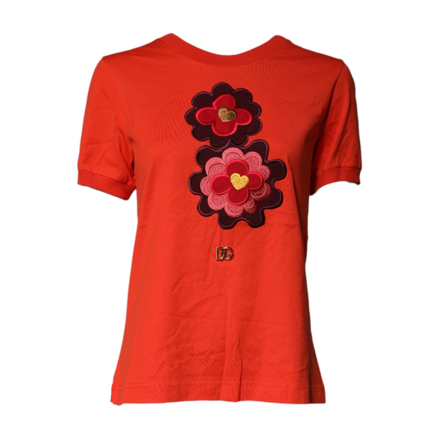 Dolce & Gabbana Red Floral Embroidery Cotton Crew Neck T-shirt