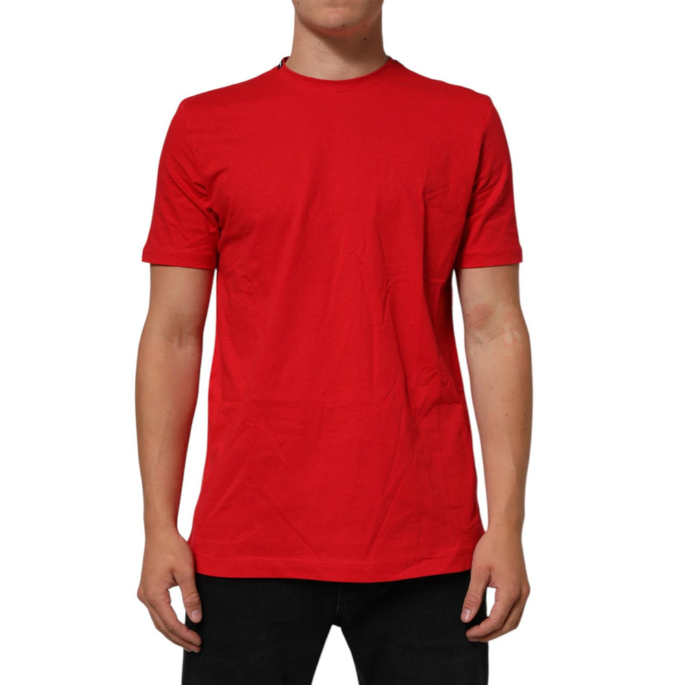 Alt Tag: Dolce & Gabbana Red Goodluck 2023 Cotton Crew Neck T-shirt on model, featuring classic short sleeves and bold graphic print.