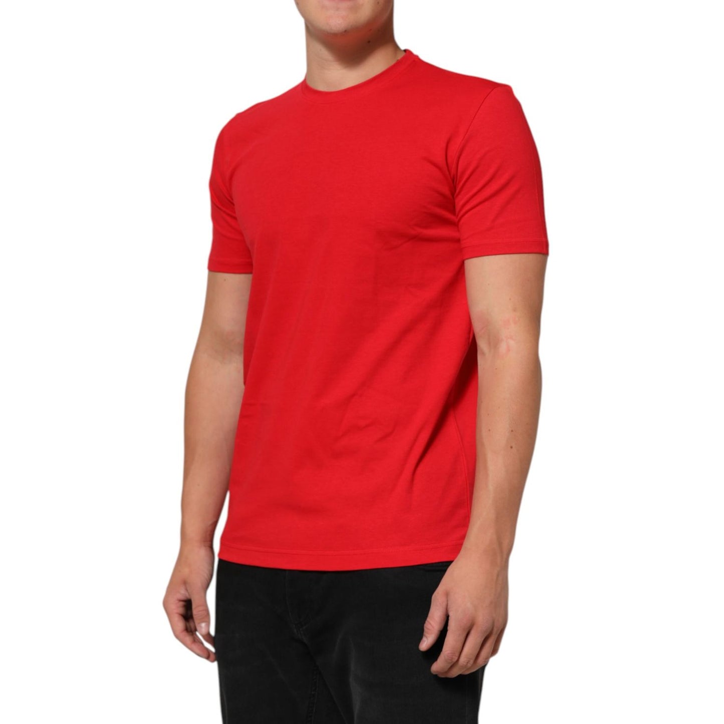 Dolce & Gabbana Red Goodluck 2023 Cotton Crew Neck T-shirt on model, featuring short sleeves and classic fit, made from premium cotton.