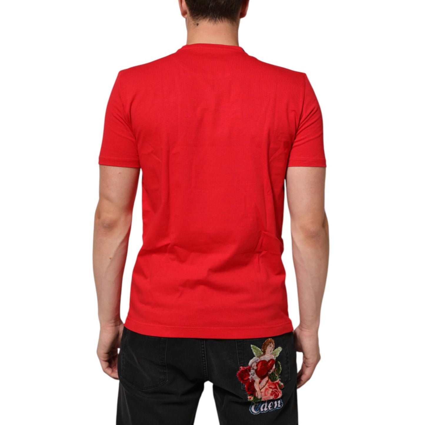Back view of Dolce & Gabbana Red Goodluck 2023 Cotton Crew Neck T-shirt on model, featuring premium cotton and classic design.