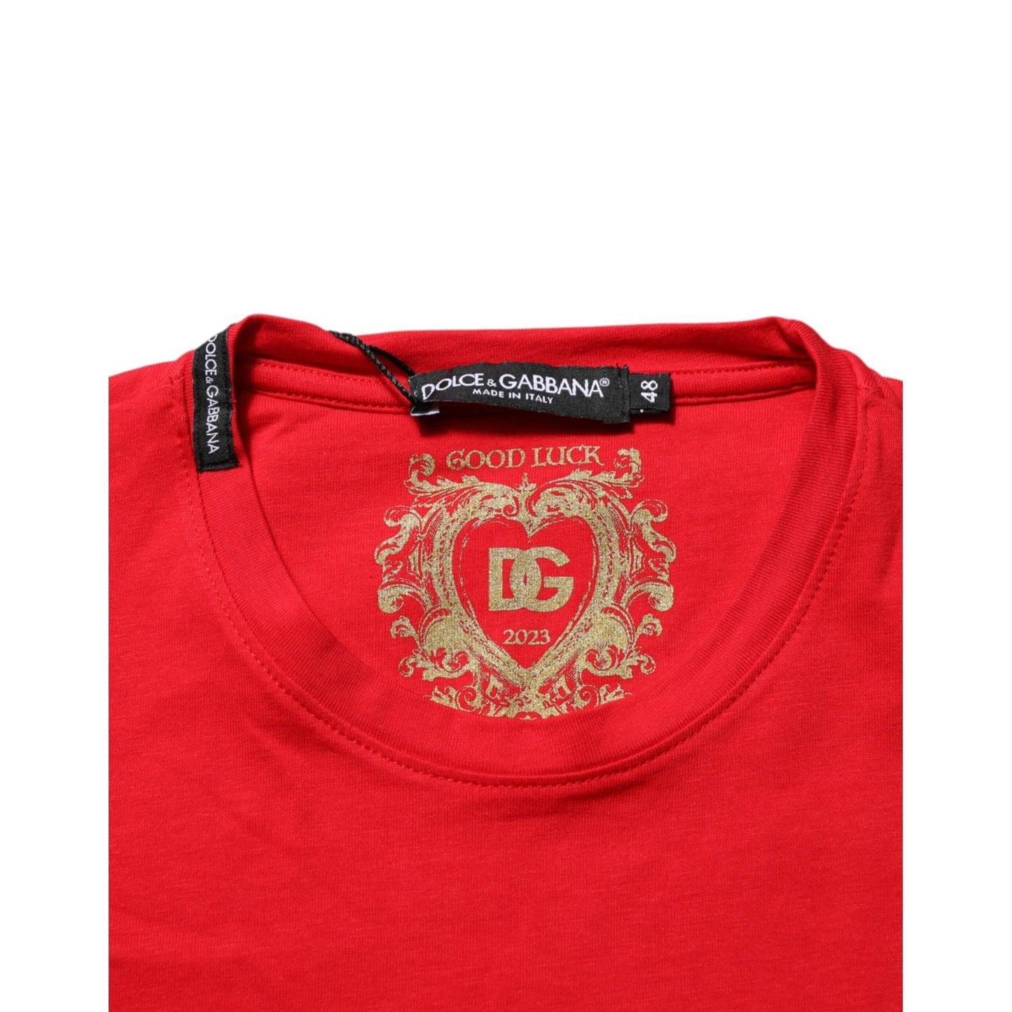 Dolce & Gabbana Red Goodluck 2023 Cotton Crew Neck T-shirt with bold graphic print, close-up of neckline and logo details.