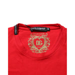Dolce & Gabbana Red Goodluck 2023 Cotton Crew Neck T-shirt with bold graphic print, close-up of neckline and logo details.