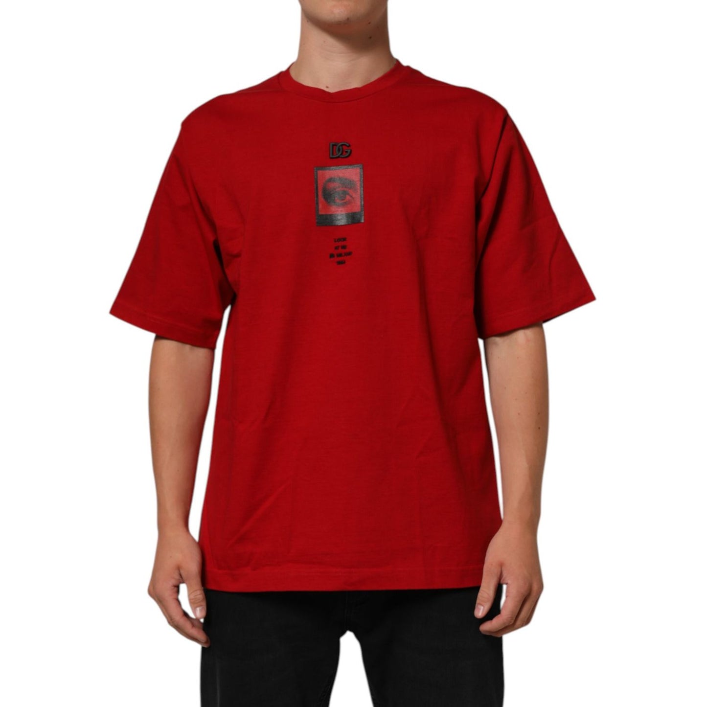 Dolce & Gabbana Red Logo Eye Print Cotton Short Sleeve T-shirt on model, showcasing stylish design and comfort.