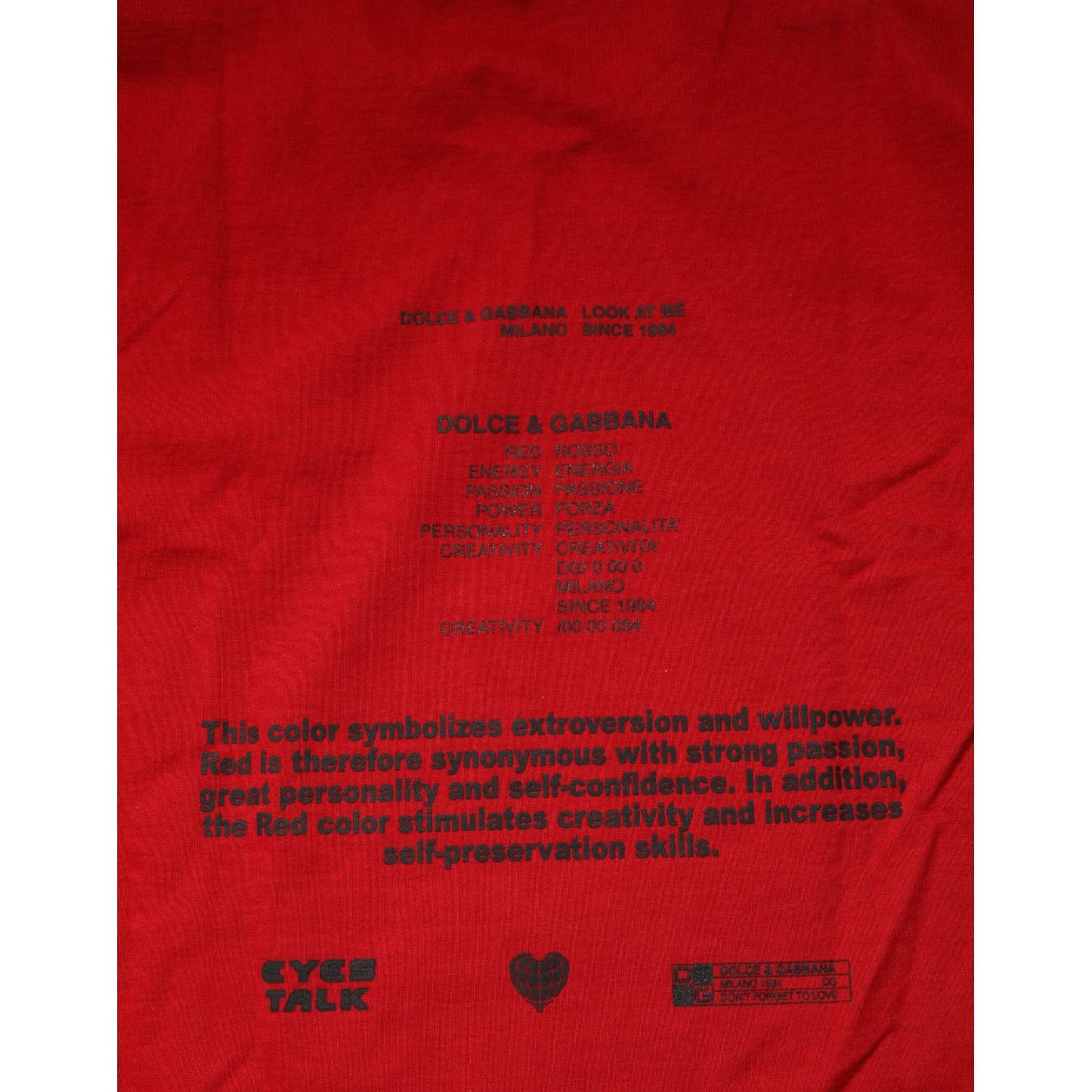 Dolce & Gabbana Red Logo Eye Print Cotton Short Sleeve T-shirt with symbolic text and design details on fabric.