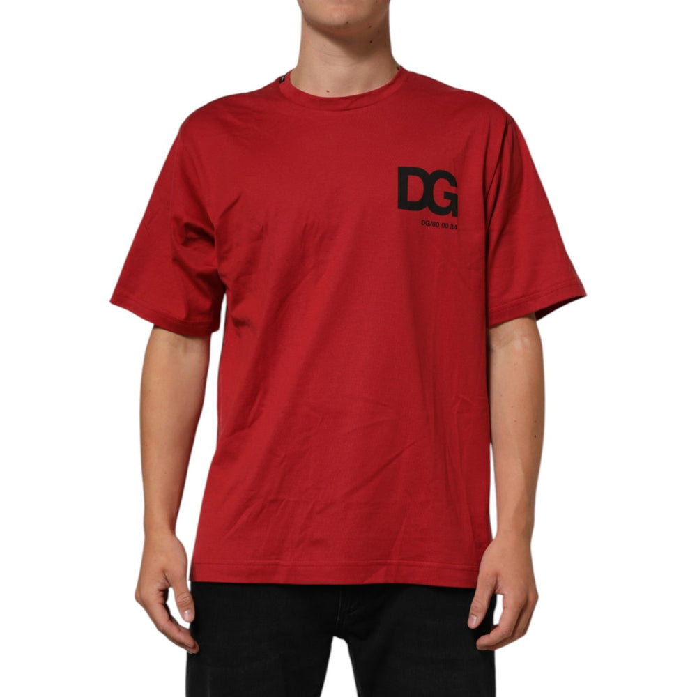 Dolce & Gabbana Red Logo Print Cotton Short Sleeve T-shirt with DG logo, crew neck, regular fit, made in Italy, model wearing.