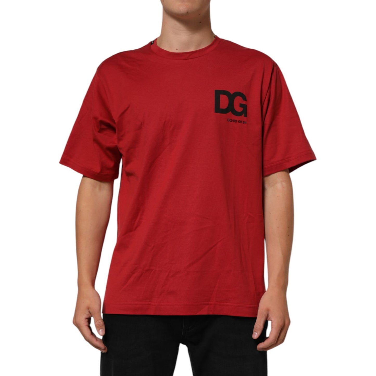 Dolce & Gabbana Red Logo Print Cotton Short Sleeve T-shirt with DG logo, crew neck, regular fit, made in Italy, model wearing.