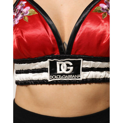 Dolce & Gabbana Red Satin Floral Embroidered Bralette Crop Top