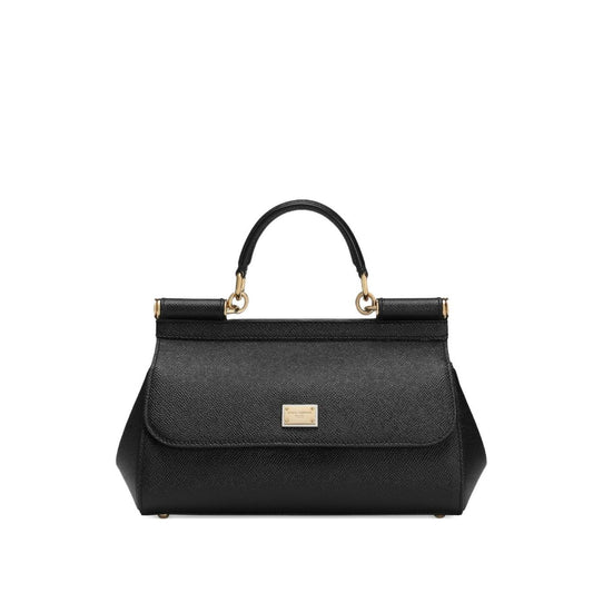 Dolce & Gabbana Sicily Medium Handbag in black leather with foldover top and push-lock fastening, featuring a detachable shoulder strap.