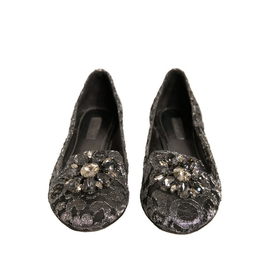 Dolce & Gabbana Silver Crystal Loafer Lace Ballet Flats Shoes with floral lace and sparkling crystal buckles.