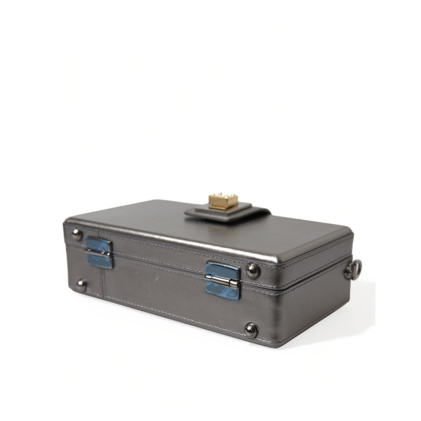 Dolce & Gabbana Steel Gray Leather Box Shape Shoulder Gold DG Logo Plaque Bag