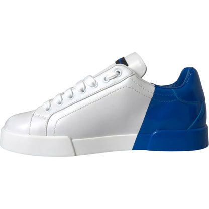 Dolce & Gabbana White Blue Logo Low Top Leather Sneakers Shoes in calfskin leather with rubber sole