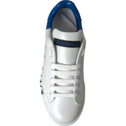 Dolce & Gabbana White Blue Logo Low Top Leather Sneakers Shoes with logo details and lace-up closure, top view.