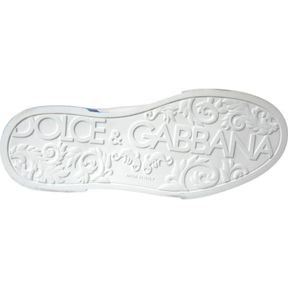 Sole view of Dolce & Gabbana White Blue Logo Low Top Leather Sneakers Shoes with intricate patterns and logo detail.