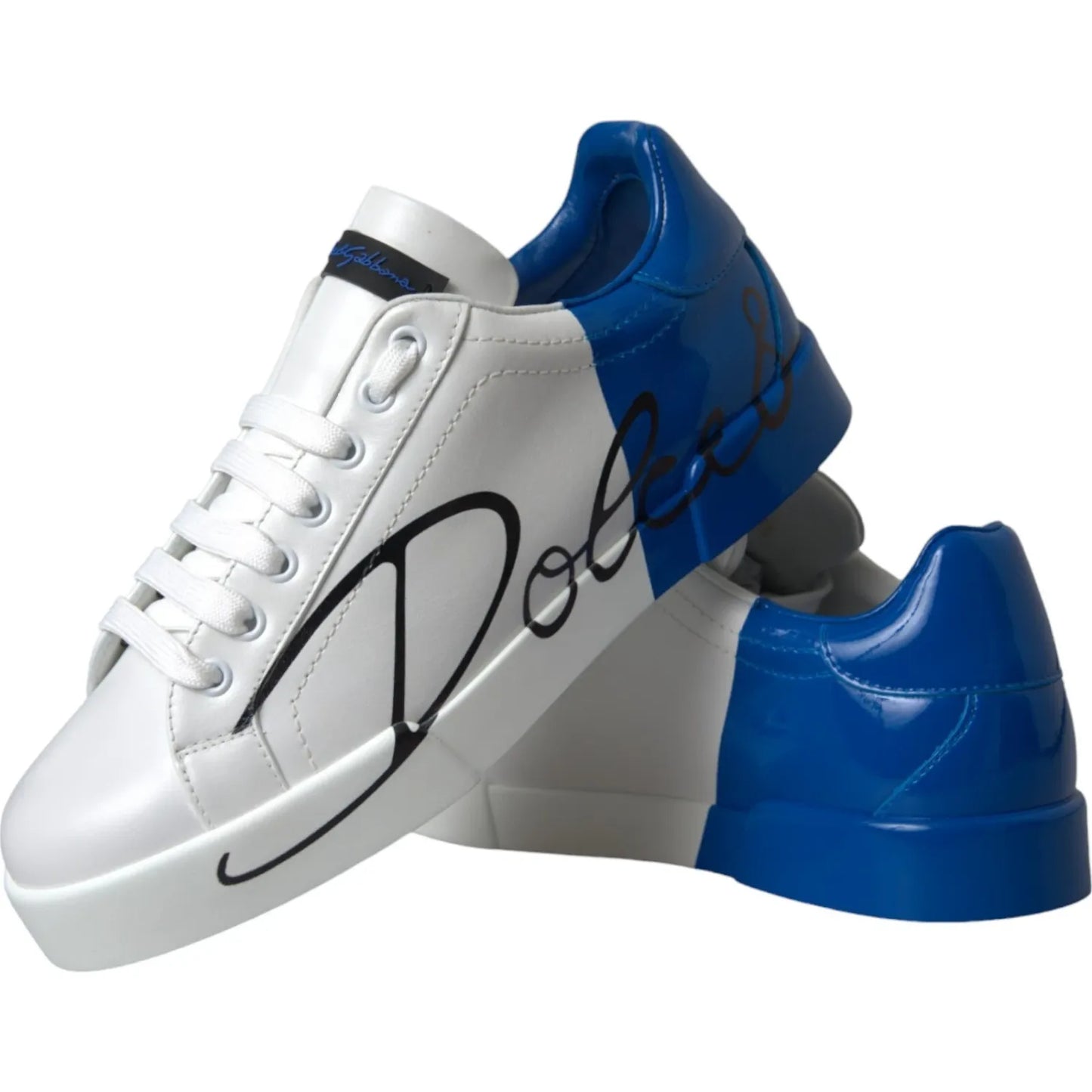 Dolce & Gabbana White Blue Logo Low Top Leather Sneakers Shoes with calfskin leather and rubber sole.