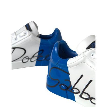 Dolce & Gabbana White Blue Logo Low Top Leather Sneakers Shoes, featuring calfskin leather and rubber sole, made in Italy.