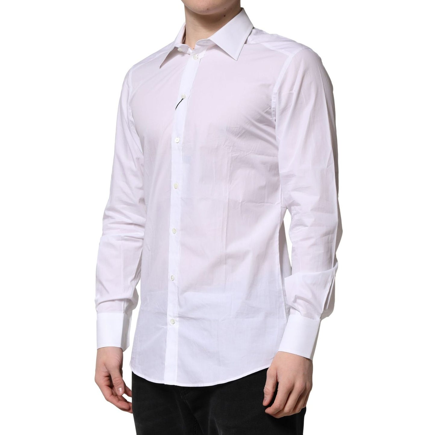 Dolce & Gabbana White Cotton GOLD Long Sleeves Formal Shirt for men with classic neck and button closure. Made in Italy.