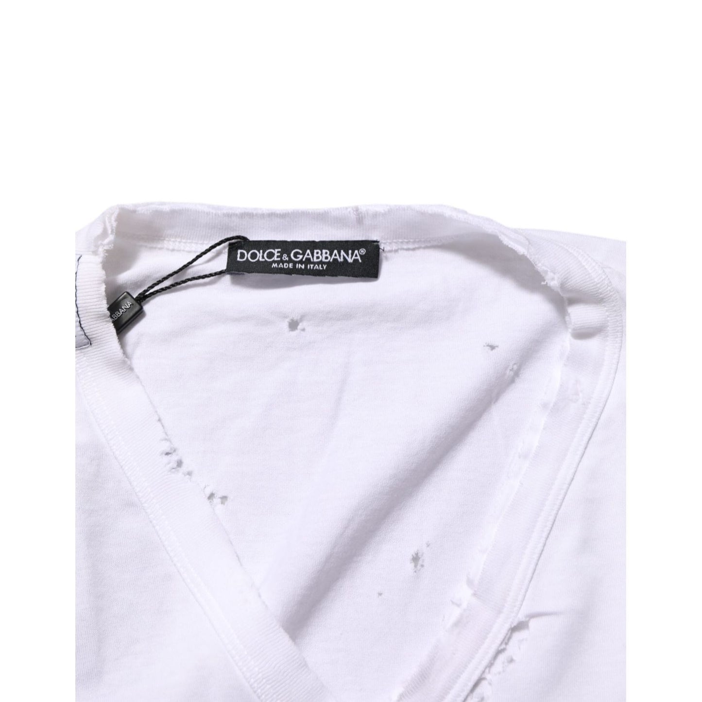 Dolce & Gabbana White Distressed Cotton V Neck Men T-shirt