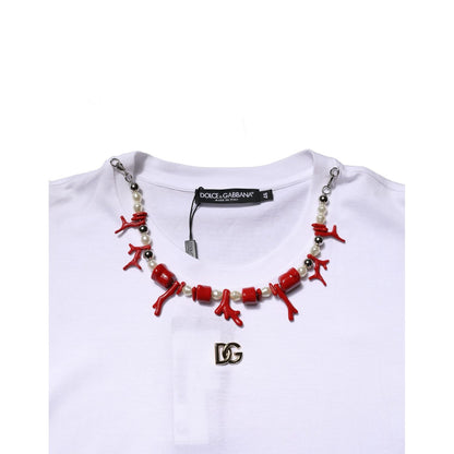 Dolce & Gabbana White Embellished Cotton Crew Neck T-shirt with decorative necklace.