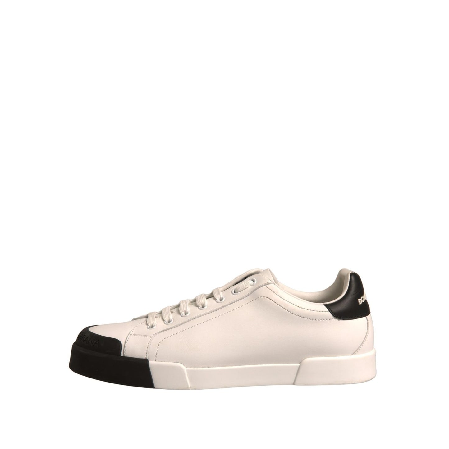 Dolce & Gabbana White Leather Logo Portofino Sneakers Shoes, preowned, authentic, calf leather, black accents, rubber sole, lace up