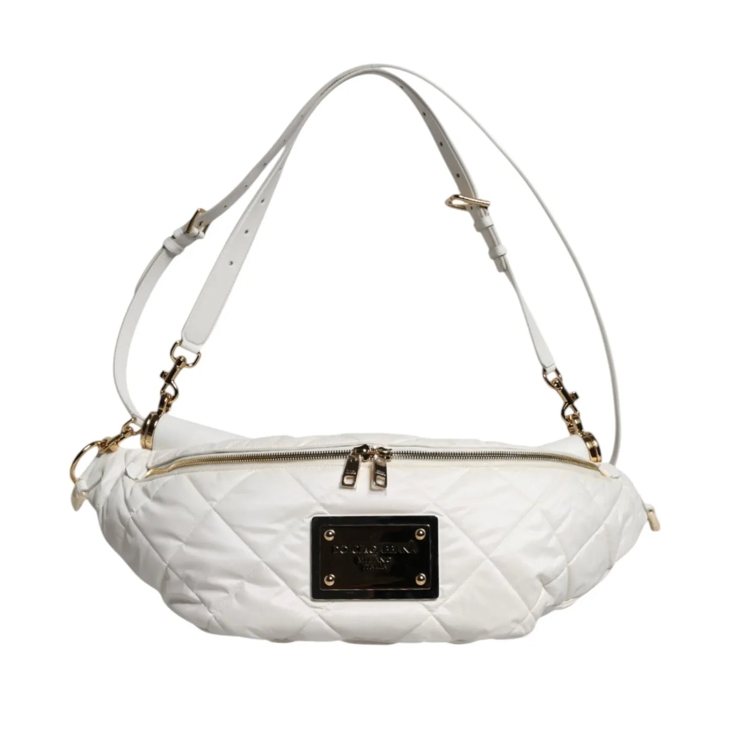 Dolce & Gabbana White Quilted Logo 90's Sicily Belt Waist Fanny Pack Bag with gold-tone plaque and adjustable strap