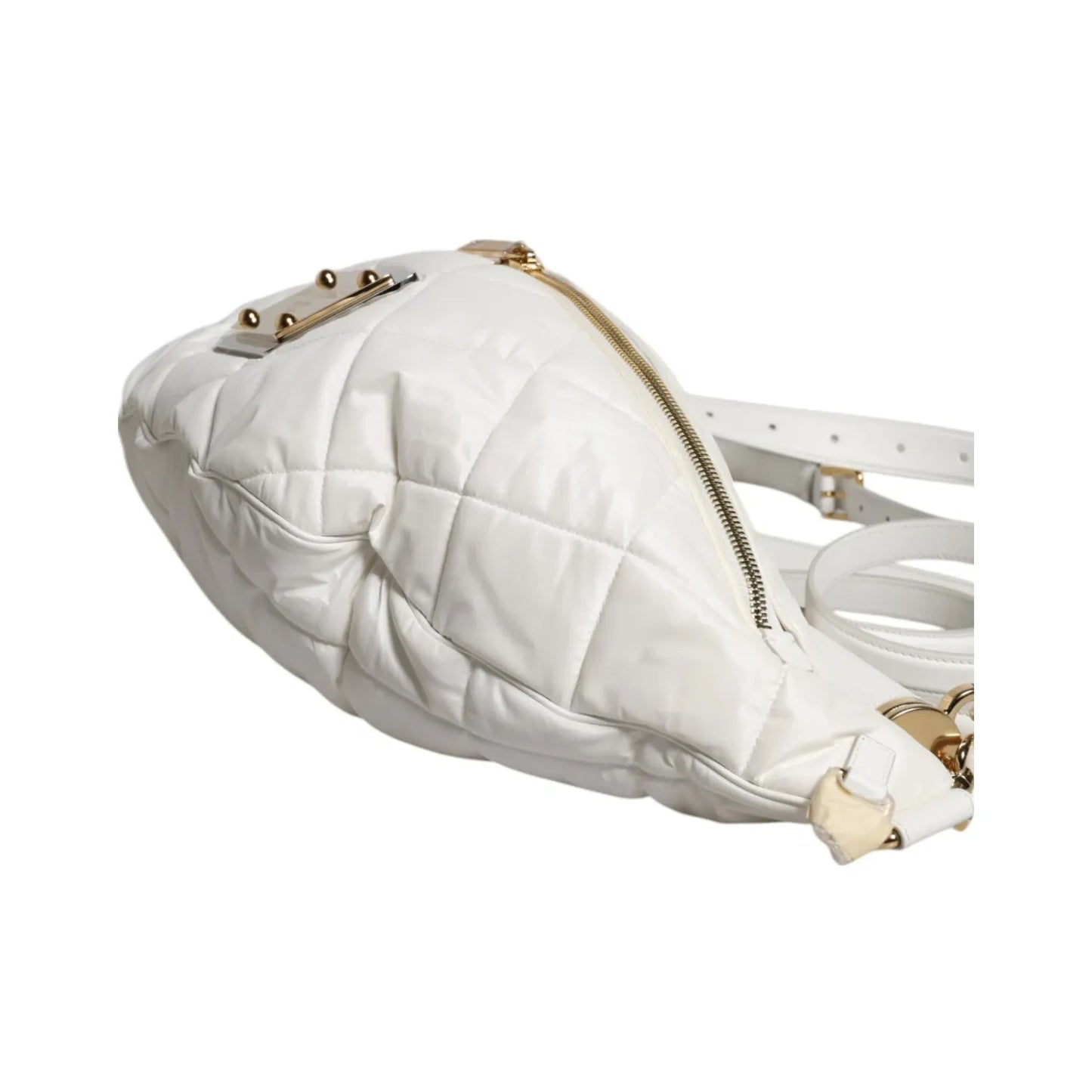 Dolce & Gabbana White Quilted Logo 90's Sicily Belt Waist Fanny Pack Bag with gold-tone hardware and adjustable strap.