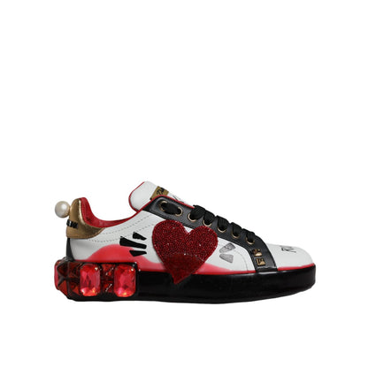 Dolce & Gabbana White Red Crystals Leather Portofino Sneakers Shoes