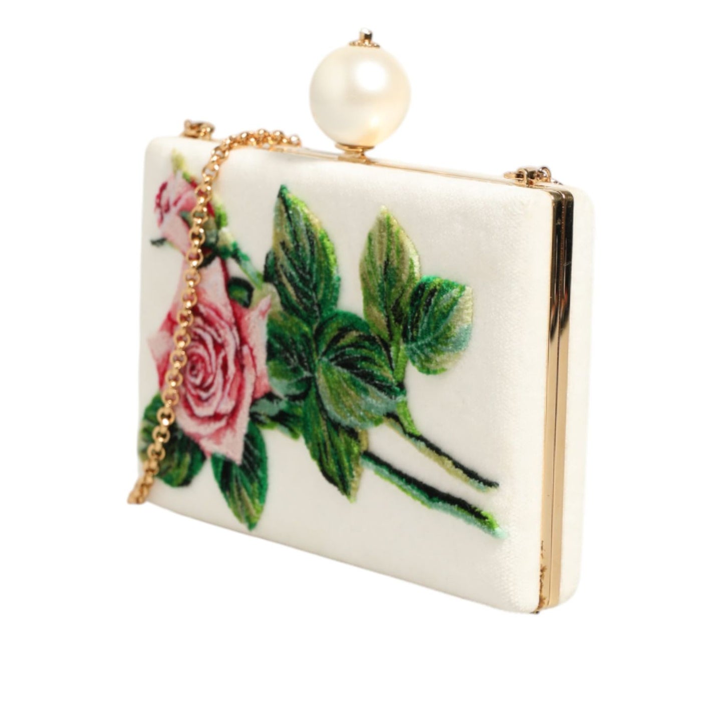 Dolce & Gabbana White Rose Embroidery Silk Gold Frame Clutch Purse Bag