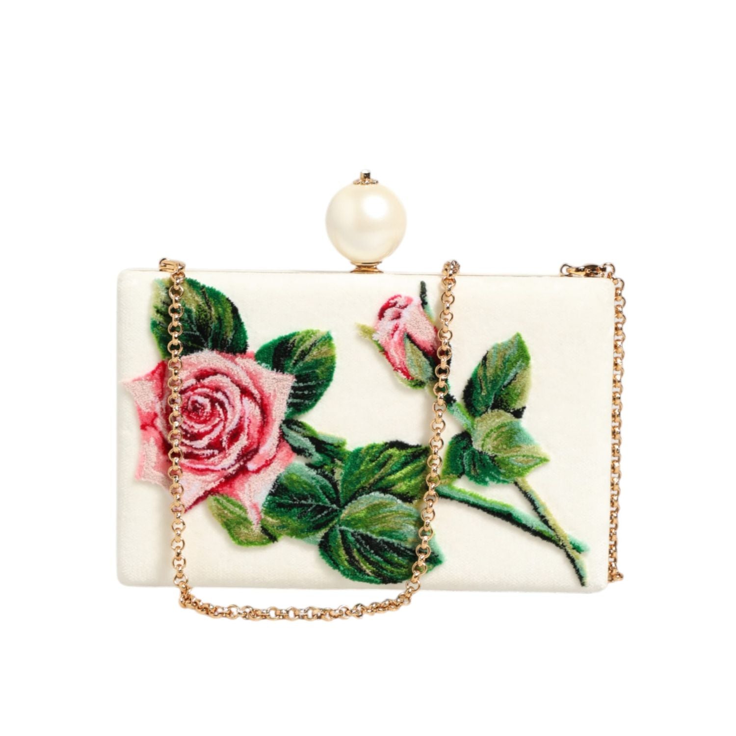Dolce & Gabbana White Rose Embroidery Silk Gold Frame Clutch Purse Bag