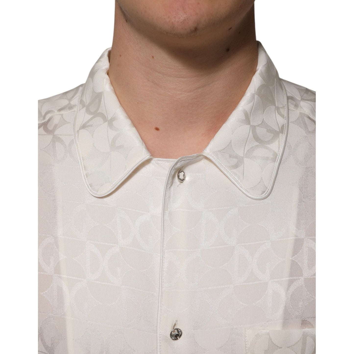 Dolce & Gabbana White Silk DG Logo Print Long Sleeves Shirt