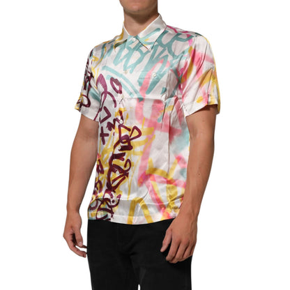 Dolce & Gabbana White Silk Hawaiian Graffiti Print Men Casual Shirt