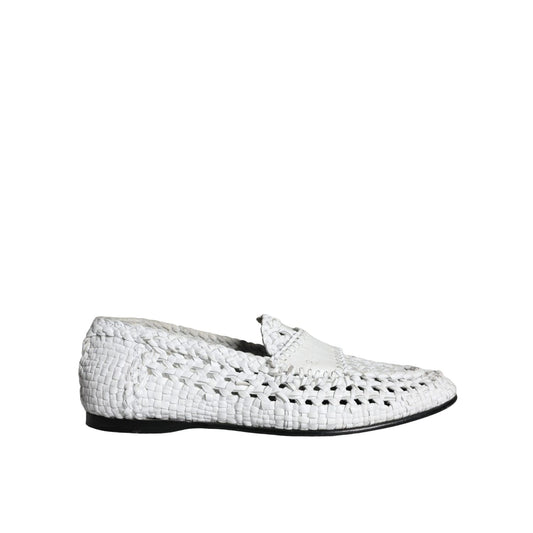 Dolce & Gabbana White Woven Leather Slip On Loafers Men Shoes, luxury preowned Italian footwear with minor wear, crafted from goat and calf leather.