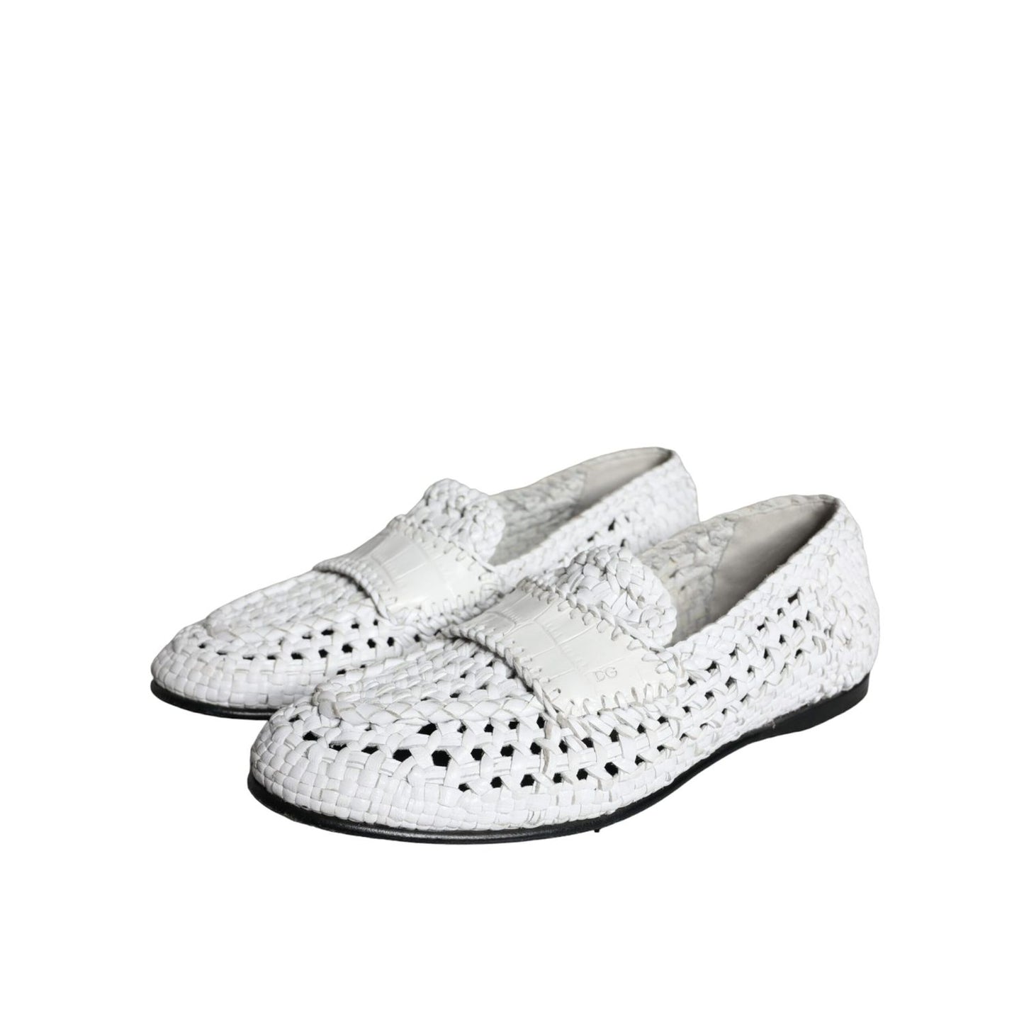 Dolce & Gabbana White Woven Leather Slip On Loafers Men Shoes with authentic tags, crafted from goat and calf leather, made in Italy.