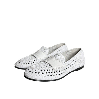 Dolce & Gabbana White Woven Leather Slip On Loafers Men Shoes with authentic tags, crafted from goat and calf leather, made in Italy.