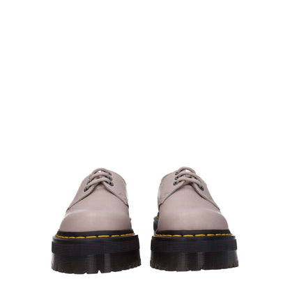 Dr. Martens Gray Leather Oxfords And Derbies with lace-up design, taupe accents, and rubber sole, featuring round toe and mid heels.