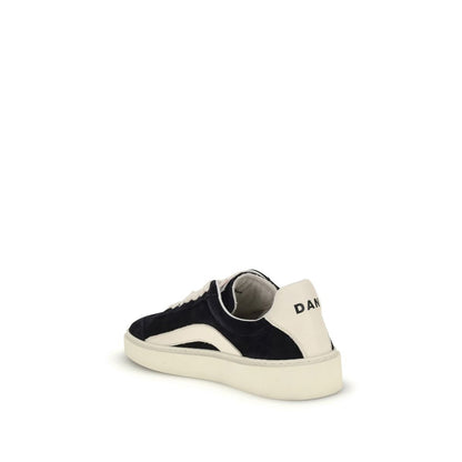 Dsquared² Black Calf Leather Bos Taurus Low Top Sneakers, rear view showing branded heel and flat sole design.