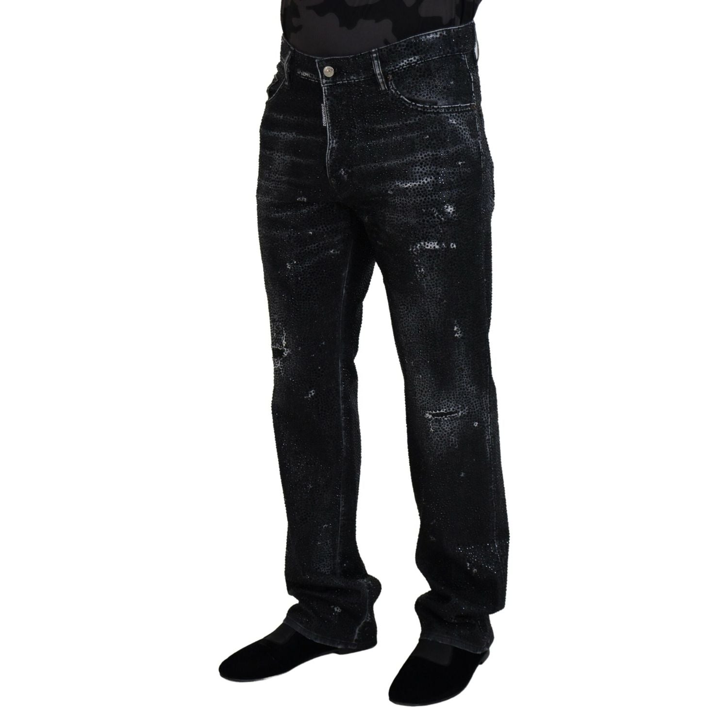 Dsquared² Black Crystal Embellished Tattered Denim Jeans