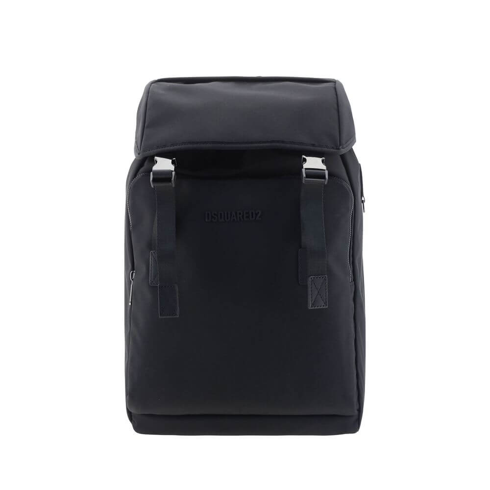Dsquared² Black Nylon Backpack with double logoed metal clips, adjustable straps, and flap closure for stylish functionality.