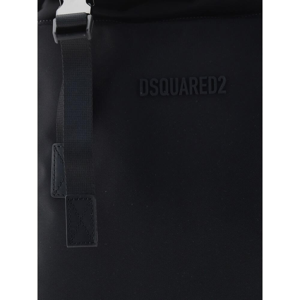 Dsquared² Black Nylon Backpack with logoed metal clip and flap closure for stylish everyday use.