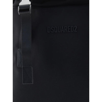 Dsquared² Black Nylon Backpack with logoed metal clip and flap closure for stylish everyday use.