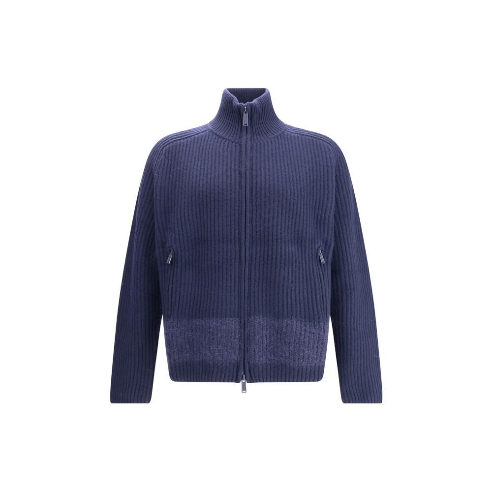 Dsquared² Blue Wool Cardigan featuring ribbed knit, high collar, double-slider front zipper, and mohair band accents for AW25.