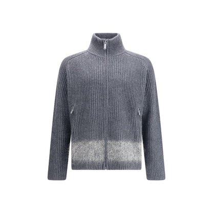 Dsquared² Gray Wool Cardigan with ribbed knit, high collar, double-slider zipper, and mohair band accent for a sporty, refined look.
