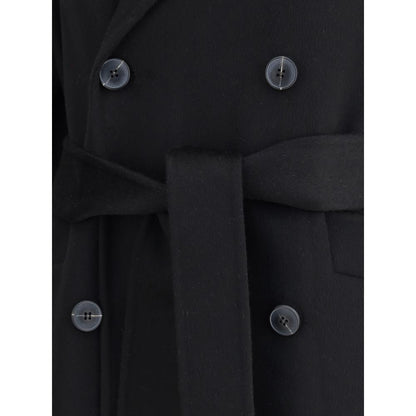 Dynamis Studio Black Wool Coat with double-breasted buttons and waist belt